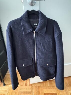 ZARA Dark Navy Wool Zip-Up Jacket